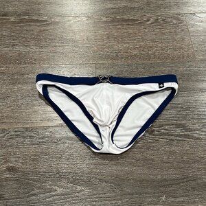 Men’s Swim Brief – Size XL – White with Navy Trim & Metal Front Detail